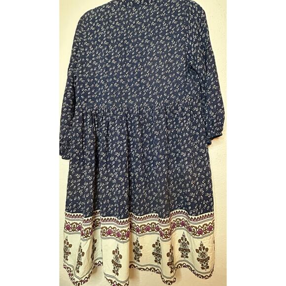 Jodifl Navy Patterned Dress Bib Front, Puff Sleeves, V-Neck Size M Boho Floral - Picture 5 of 8